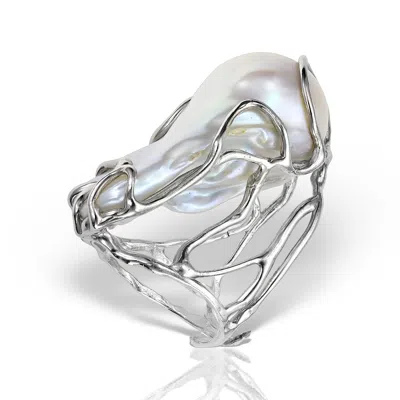 Obsidian Women's White / Silver Disorder Baroque Pearl Ring, Sterling Silver In Metallic
