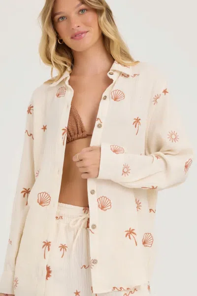 Ocean Drive Button Up Gauze Embroidery Shirt In Beige In Multi