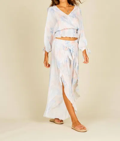 Ocean Drive Tie Dye Cold Shoulder Faux Wrap Smocked Top In Watercolor Pastels In White