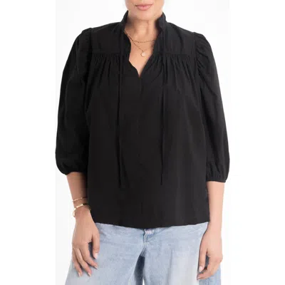 Ocean + Main Ocean+main Cotton Tie Neck 3/4 Sleeve Top In Black