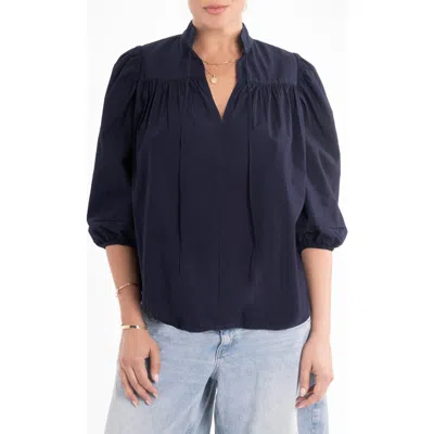 Ocean + Main Ocean+main Cotton Tie Neck 3/4 Sleeve Top In Blue