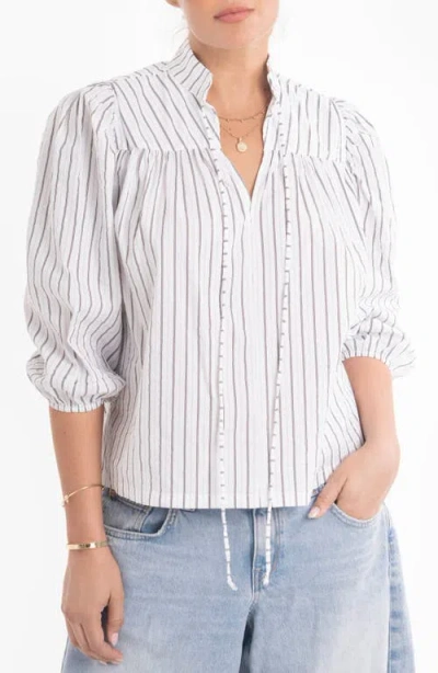 Ocean + Main Ocean+main Mini Stripe Cotton Tie Neck 3/4 Sleeve Top In Multi