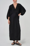 Ocean + Main Ocean+main Rouched Shoulder Maxi Cotton Caftan In Black