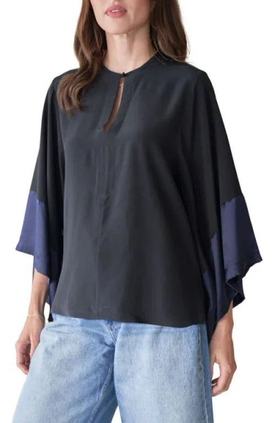 Ocean + Main Ocean+main Silk Wide Sleeve Top In Blue