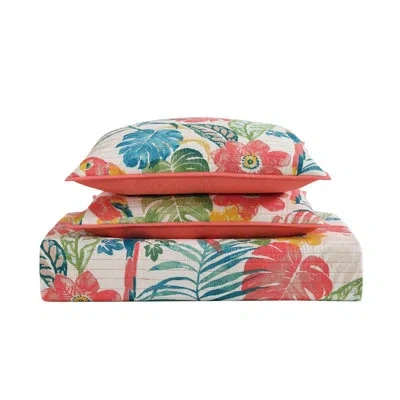 Oceanfront Resort Paradise Coral/blue/green/yellow Coastal Quilt Set In Coral,blue,green,yellow,cream,ivory