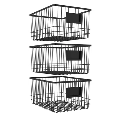 Oceanstar Metal Wire Organizer Bin Basket With Card Holder, Set Of 3, Black
