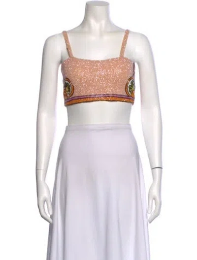 Pre-owned Oceanus Colorblock Pattern Square Neckline Crop Top In Neutral