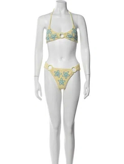 Pre-owned Oceanus Floral Print Crystal Embellishments Bikini In Blue