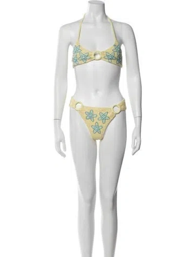 Pre-owned Oceanus Floral Print Crystal Embellishments Bikini In Blue