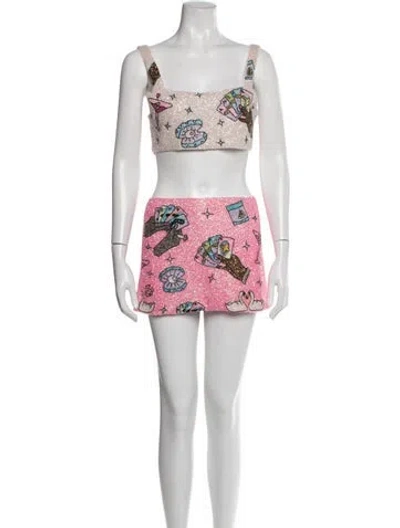Pre-owned Oceanus Graphic Print Beaded Accents Skirt Set In Pink