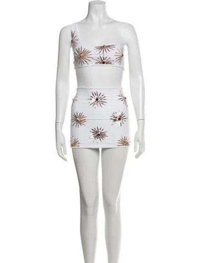 Pre-owned Oceanus Graphic Print Crystal Embellishments Bikini In White