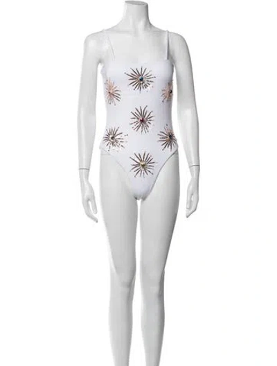 Pre-owned Oceanus Graphic Print Crystal Embellishments One-piece W/ Tags In White