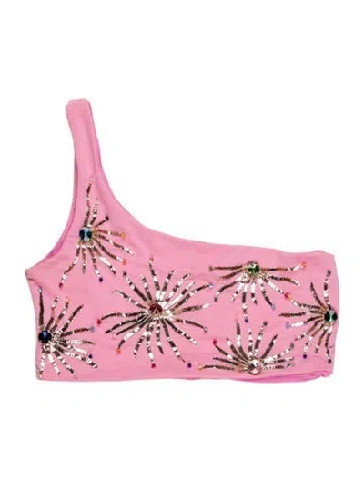 Pre-owned Oceanus Graphic Print Crystal Embellishments Top In Pink