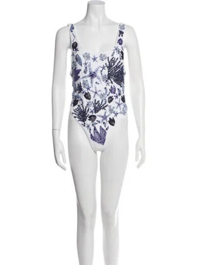 Pre-owned Oceanus Printed Beaded Accents One-piece In White