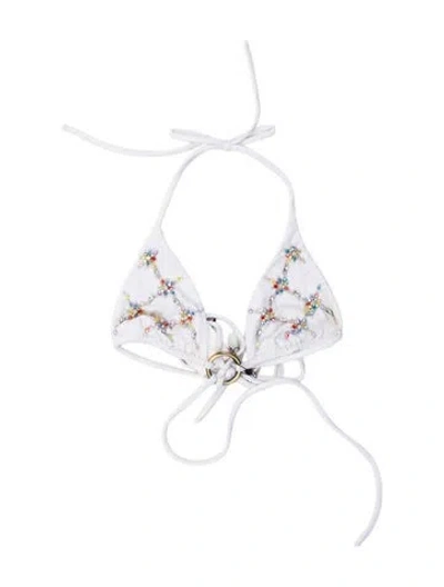 Pre-owned Oceanus Printed Crystal Embellishments Top In White