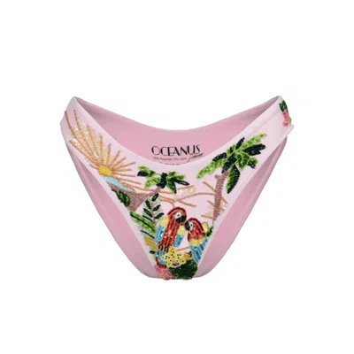 Oceanus Swimwear Women's Charli Embellished Premium Tropical Bikini Bottom Pink