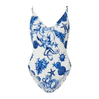 Oceanus Swimwear Women's Ondine Hand Beaded Scoop Back Swimsuit White Blue In Multi