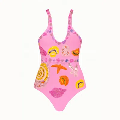 Oceanus Swimwear Women's Sirena Cross Over Swimsuit In Pink New York Print