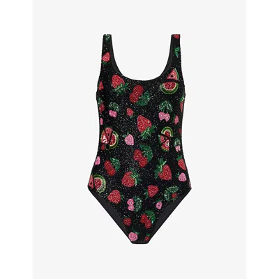 Oceanus Womens Black Fruits Beaded Swimsuit In Multi