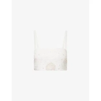 Oceanus Womens White Lele Cropped Beaded Top