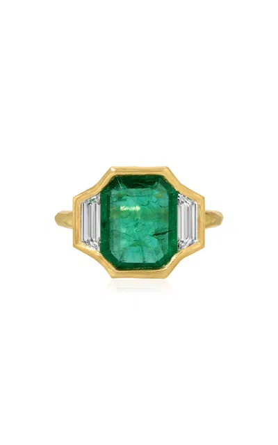 Octavia Elizabeth 18k Yellow Gold Emerald And Diamond Trio Ring In Green