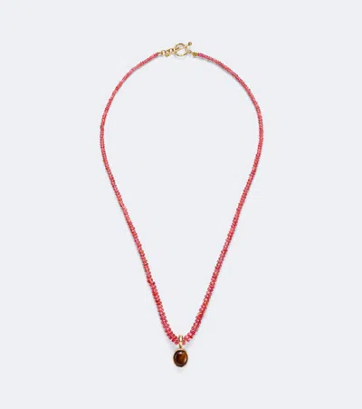 Octavia Elizabeth 18kt Gold Beaded Necklace With Red Spinels And Tiger's Eye Pendant