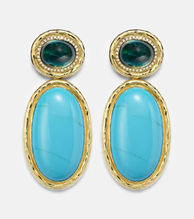 Octavia Elizabeth Bermuda Blue 18kt Gold Drop Earrings With Turquoise, Tourmaline, And Diamonds