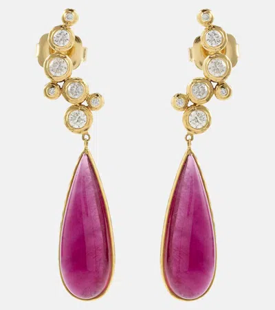 Octavia Elizabeth Floating Nesting Gem 18kt Gold Drop Earrings With Diamonds And Rubellites In Multicoloured