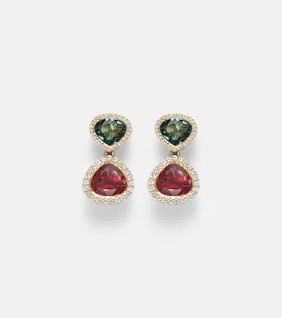 Octavia Elizabeth Two Drop Kaleidoscope 18kt Gold Earrings With Tourmalines And Diamonds In Multi