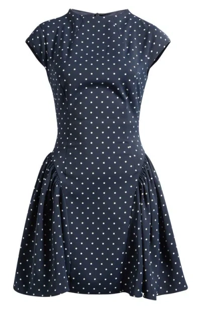 Odd Muse Dot Flare Minidress In Navy Polka Dot