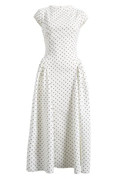 Odd Muse Dot Gathered Midi Dress In White Polka Dot