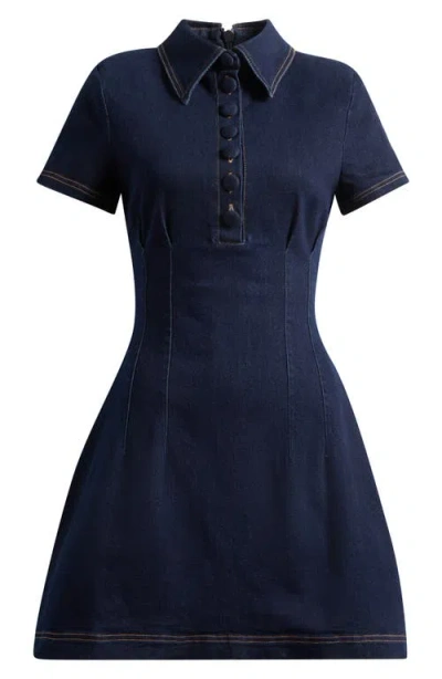 Odd Muse Pleated Seamed Cotton Blend Denim Fit & Flare Minidress In Blue