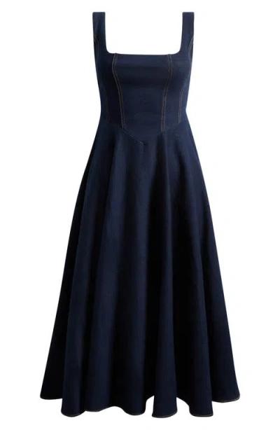 Odd Muse Square Neck Cotton Blend Denim Midi Dress In Black