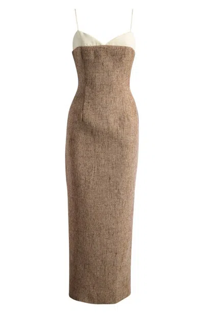 Odd Muse Tweed Contrast Detail Midi Dress In Brown