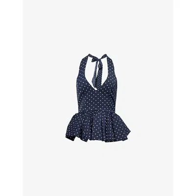 Odd Muse Womens Navy Polka Dot Polka-dot Peplum Woven Top In Blue