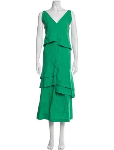 Pre-owned Odeeh V-neck Midi Length Dress In Green