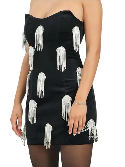 Odì Odì Black Velvet Mini Dress With Bustier Neckline And Crystal Fringe