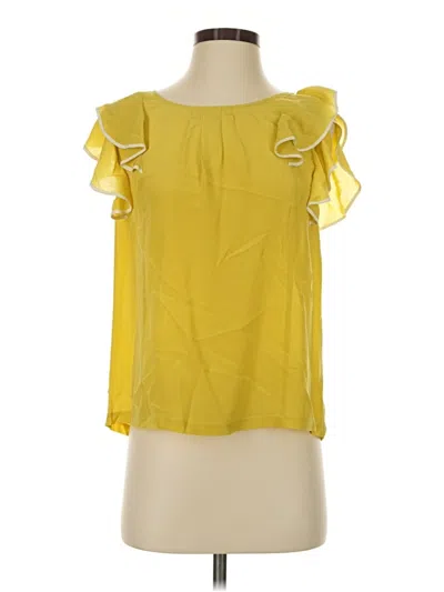 Pre-owned Odille Short Sleeve Silk Top Yellow Ruffles Neckline Tops