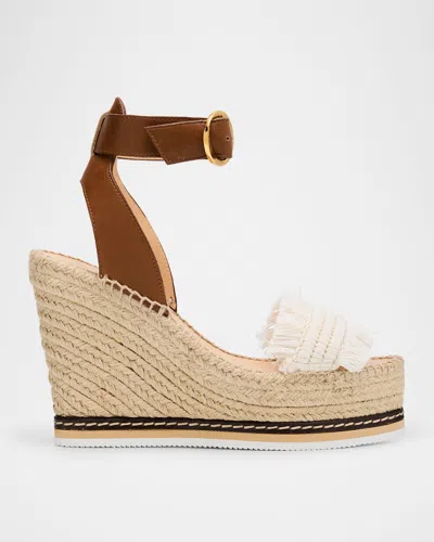 Odissi Lily Fringe Leather Wedge Espadrilles In Natural