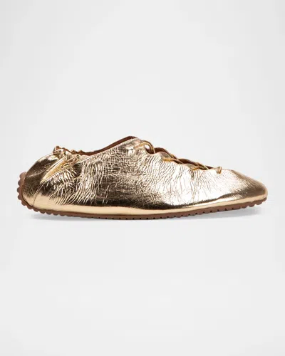 Odissi Milly Metallic Leather Lace-up Ballerina Flats In Gold