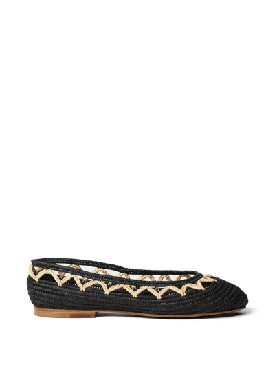 Odissi Zig-zag Raffia Ballet Flats In Black