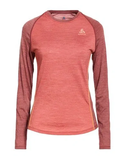 Odlo Woman T-shirt Brick Size S Virgin Wool, Recycled Polyester In Red