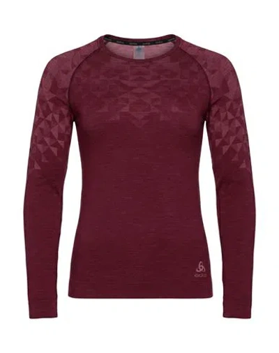 Odlo Woman T-shirt Plum Size L Merino Wool, Polyester, Polyamide, Elastane In Burgundy