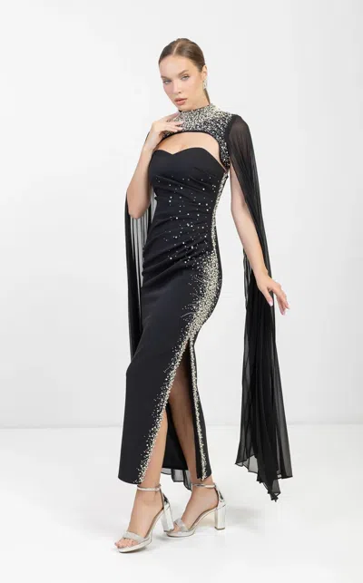 Odrella 24306 Long Fitted Formal Prom Slit Dress In Black