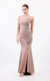 Odrella 24323 Long Formal Prom Fitted Dress In Sand