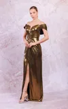 Odrella 7774 Long Prom Slit Metallic Formal Evening Dress In Gold