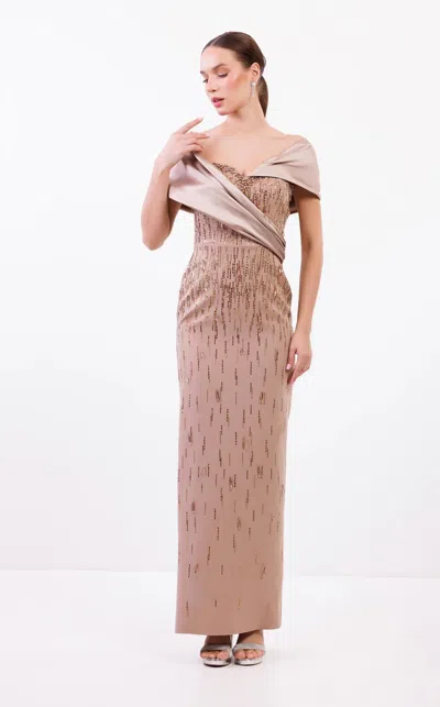 Odrella 7792 Long Beaded Formal Fitted Prom Dress In Brown