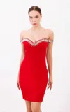 Odrella 7815 Fitted Short Beaded Cocktail Dress In Red