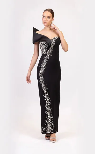 Odrella 7861 Fitted Long Formal Beaded Prom Dress In Black