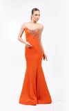 Odrella 7873 Long Mermaid Formal Beaded Prom Dress In Orange